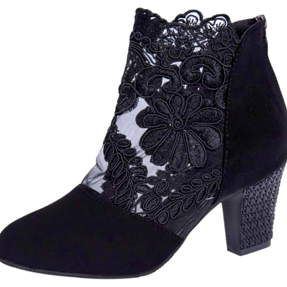 Black Lace Flower Boots, Sexy Black Boots Size 8